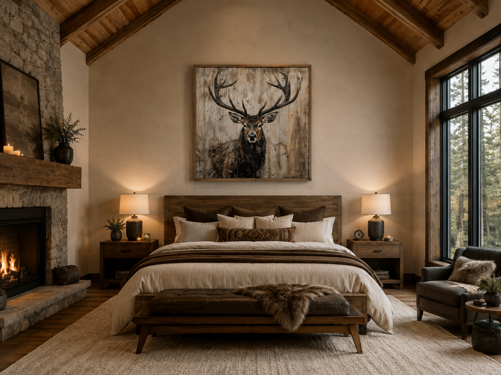 Rustic framed canvas wall art featuring a deer portrait on a distressed wood-style background.