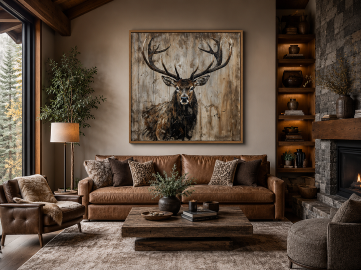 Deer portrait on distressed wood rustic framed canvas wall art above a leather sofa in a cabin.