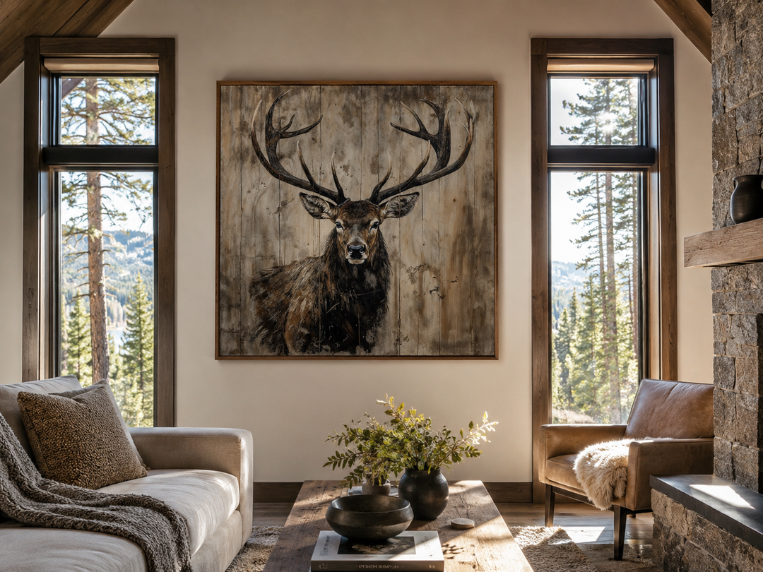 Rustic deer portrait on distressed wood framed canvas wall art in a cozy cabin living room.