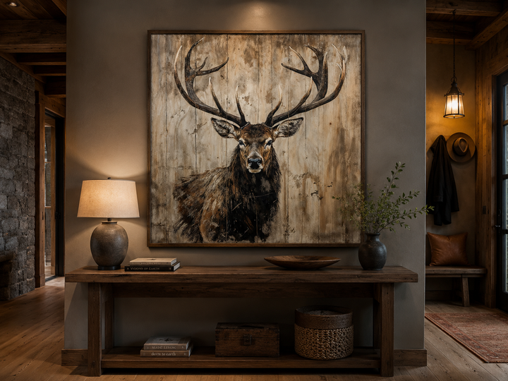 Rustic framed canvas wall art featuring a deer portrait on a distressed wood-style background.