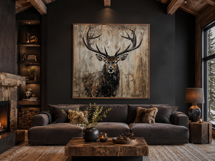 Deer portrait on distressed wood rustic framed canvas wall art above a sofa in a cabin living room.