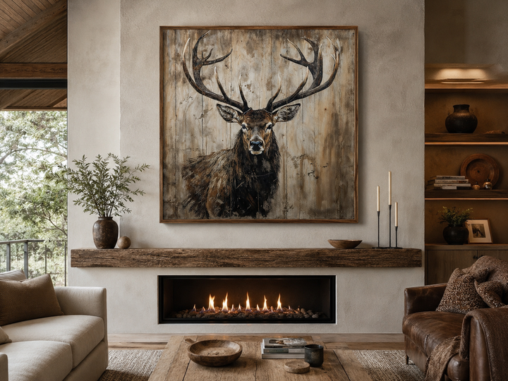 Deer portrait on distressed wood rustic framed canvas wall art hanging above a modern fireplace.