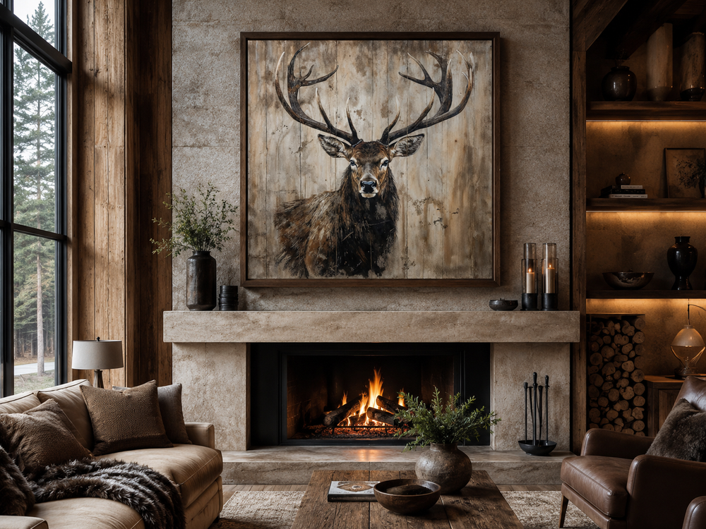 Rustic framed canvas wall art featuring a deer portrait on a distressed wood-style background.