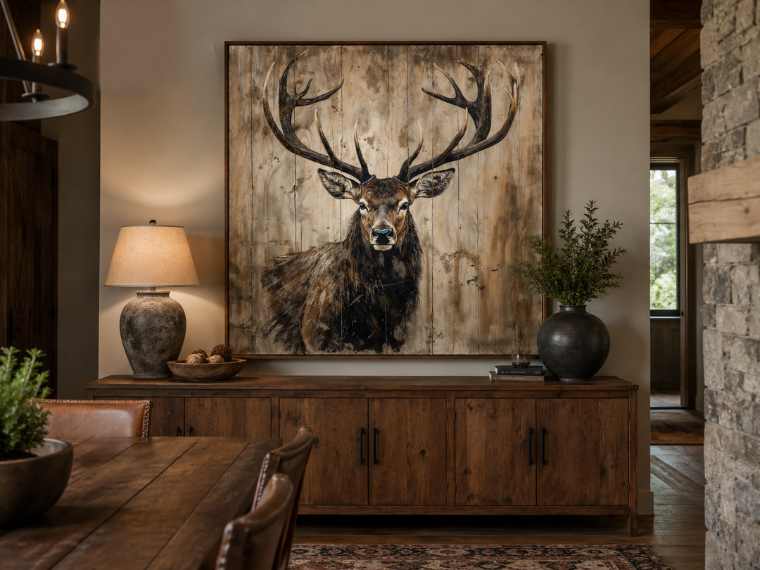 Deer portrait on distressed wood rustic framed canvas wall art above a wooden sideboard.