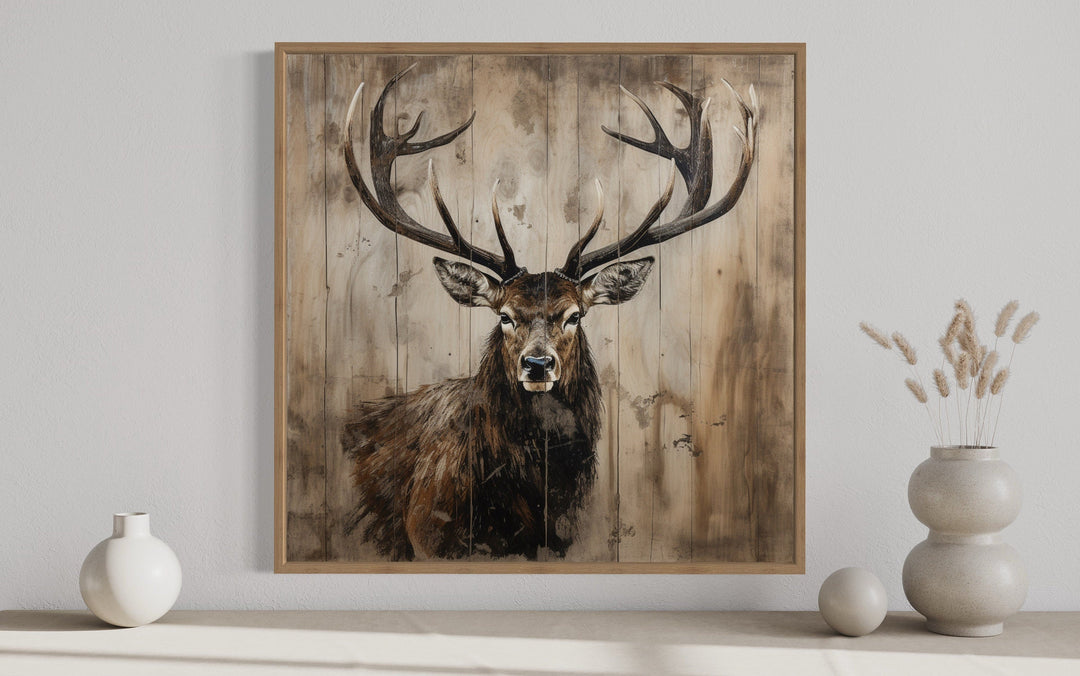 Rustic framed canvas wall art featuring a detailed deer portrait on a distressed wood background.