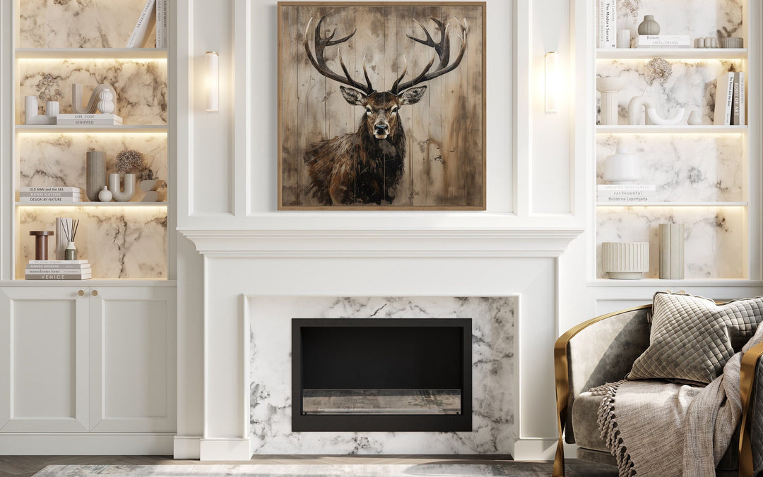 Deer portrait on distressed wood rustic framed canvas wall art hanging above a white fireplace.