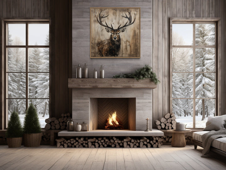 Rustic framed canvas wall art featuring a deer portrait on a distressed wood-style background.