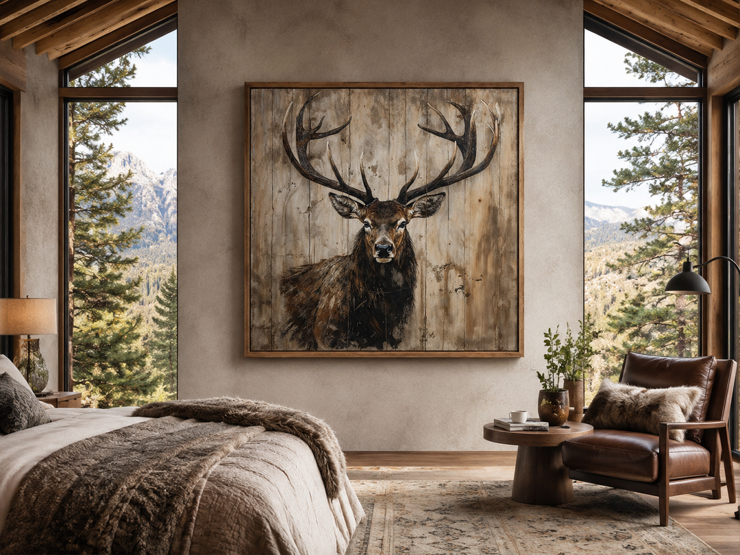 Deer portrait on distressed wood rustic framed canvas wall art in a cozy bedroom setting.