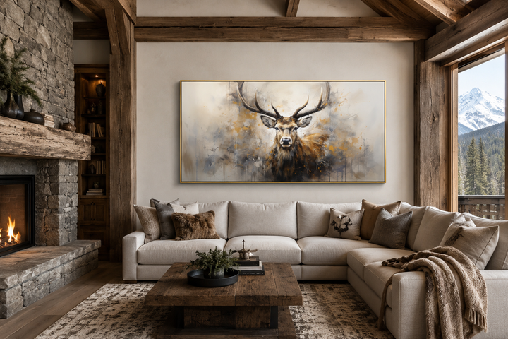 Extra large framed canvas wall art featuring a rustic abstract deer portrait above a living room sofa.
