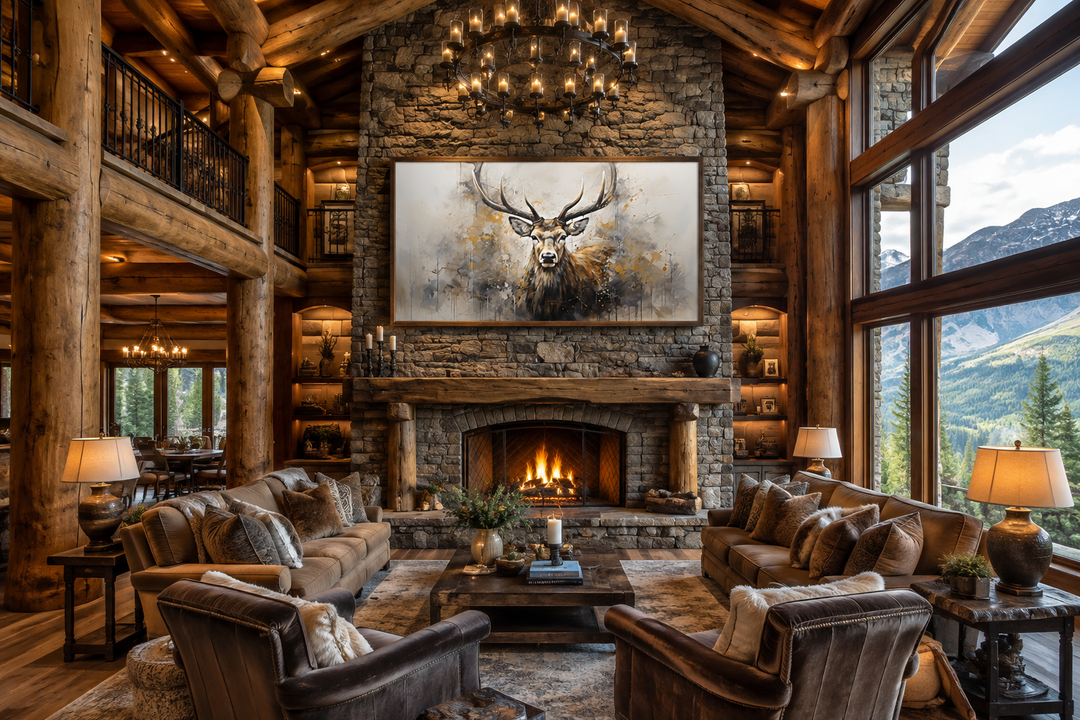 Extra large framed canvas wall art of a majestic deer portrait in a rustic living room.