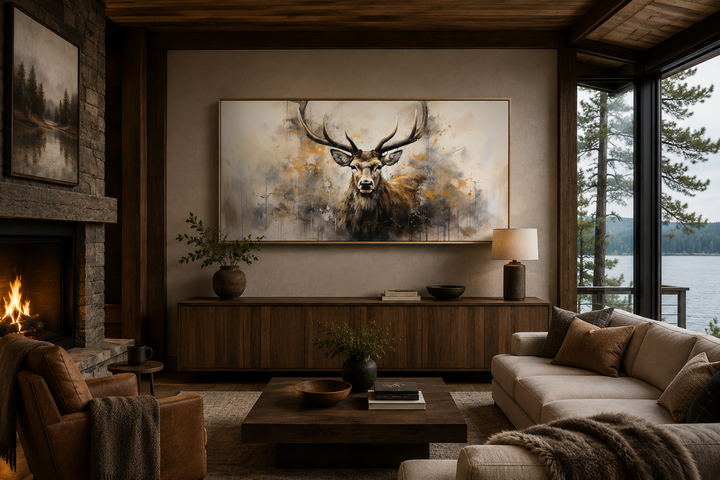 Extra large framed canvas wall art featuring an abstract portrait of a majestic deer.