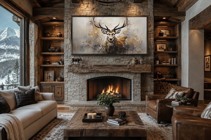 Extra large framed canvas wall art featuring an abstract deer portrait above a rustic fireplace.