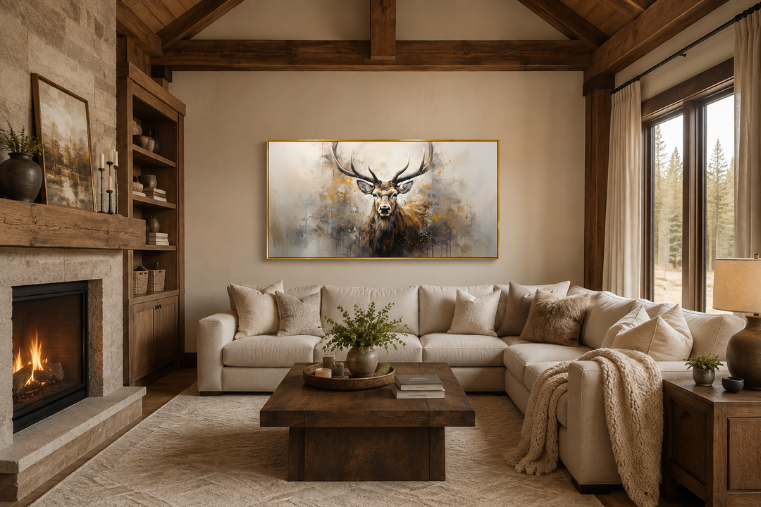 Extra large framed canvas of a majestic deer in a rustic living room above a cream sectional sofa.