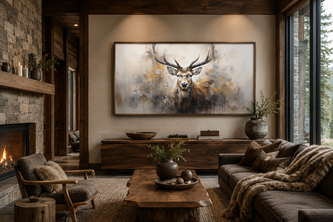 Extra large framed canvas print of a rustic deer abstract portrait in a cozy living room.