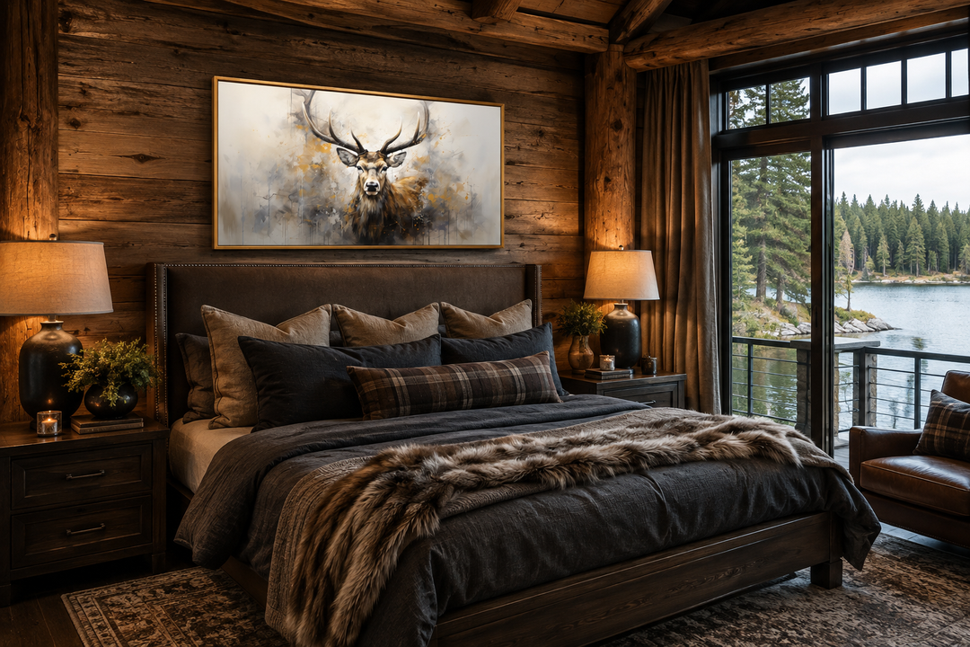 Extra large framed canvas wall art featuring a rustic abstract deer portrait above a bed.