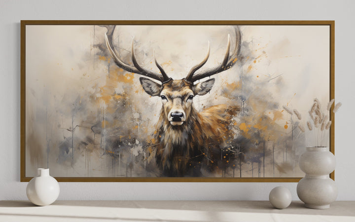 Extra large framed canvas wall art featuring a rustic abstract portrait of a majestic deer.