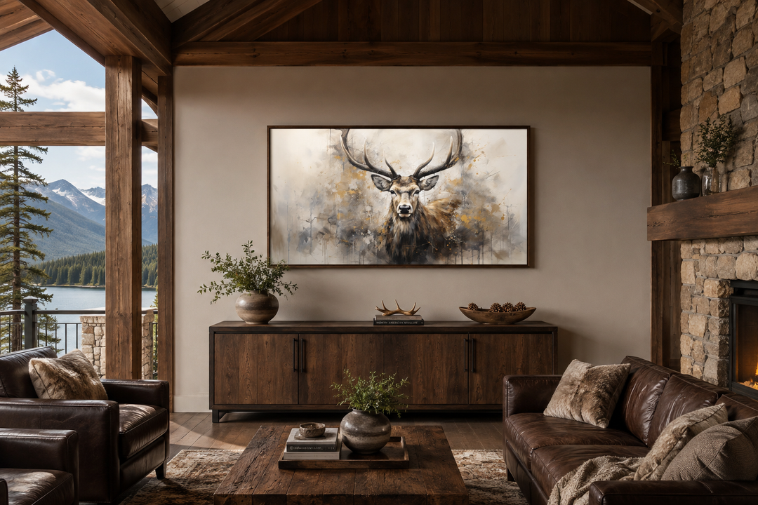 Extra large framed canvas wall art featuring a rustic abstract deer portrait in a cabin setting.