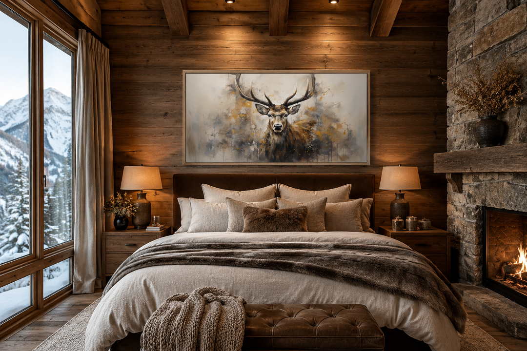 Extra large framed canvas of a majestic deer abstract portrait in a rustic cabin bedroom.
