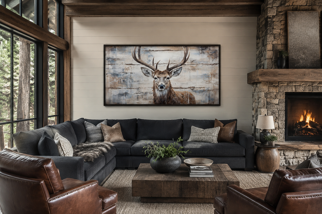 Rustic deer painting on wood canvas wall art hanging above a dark sectional sofa in a cabin living room.