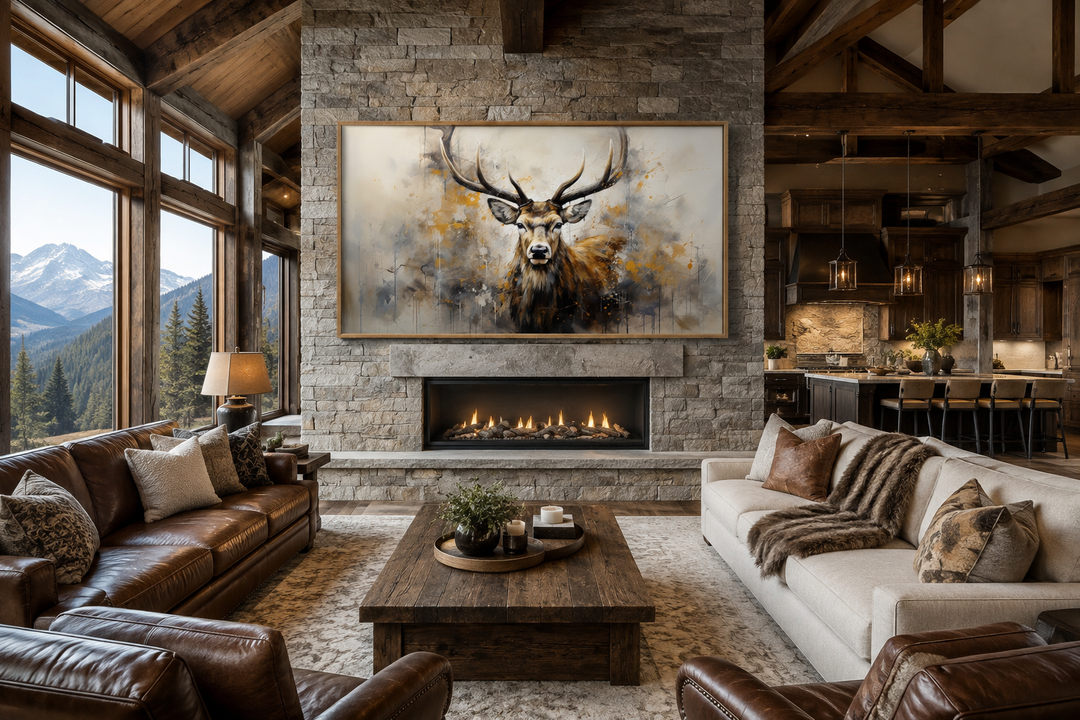 Extra large framed canvas of a majestic deer abstract portrait above a stone fireplace.
