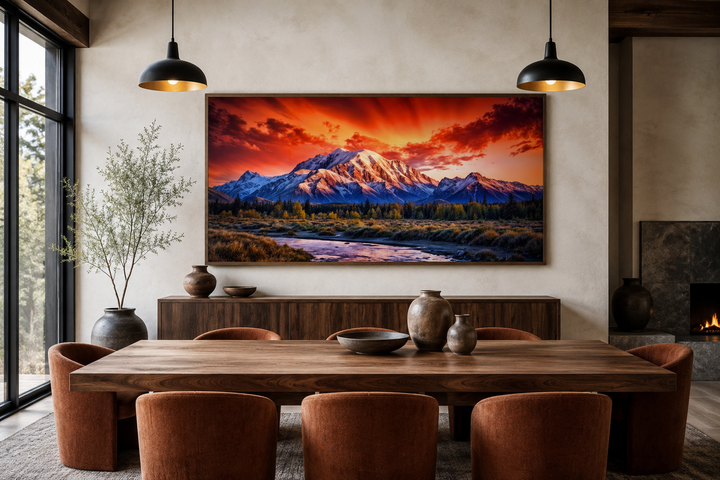 Framed Denali National Park wall art featuring a vibrant mountain sunset over a dining room table.