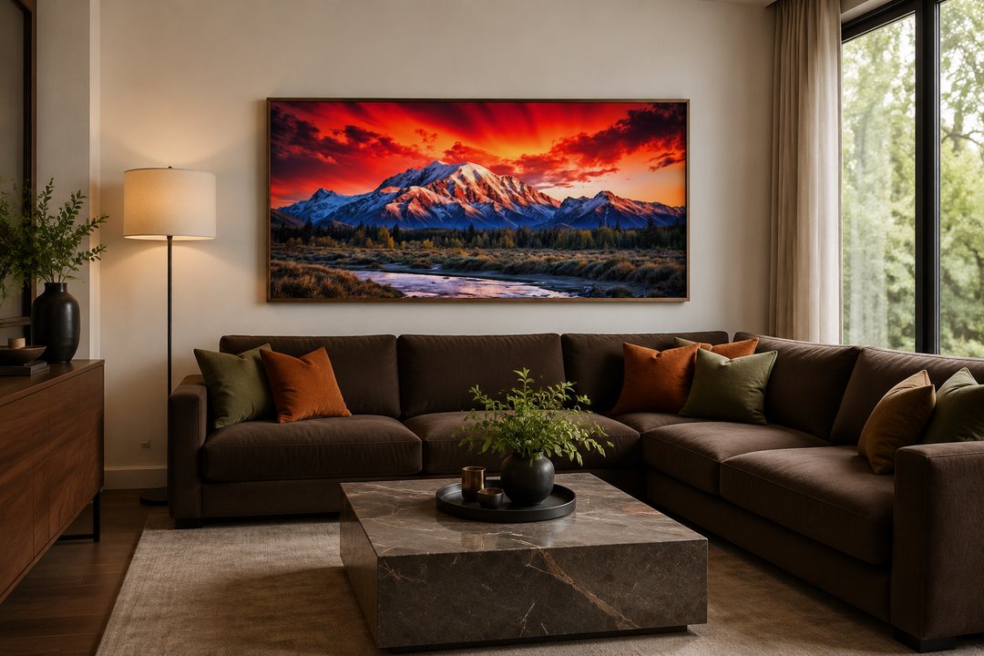 Framed canvas wall art of Denali National Park at sunset above a brown sectional sofa.