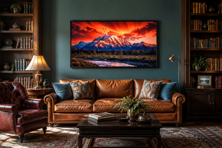 Framed canvas wall art of Denali National Park at sunset above a leather sofa in a library.