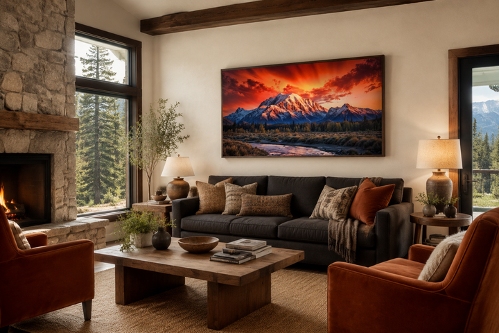 Framed Denali National Park mountain landscape wall art above a sofa in a rustic living room.