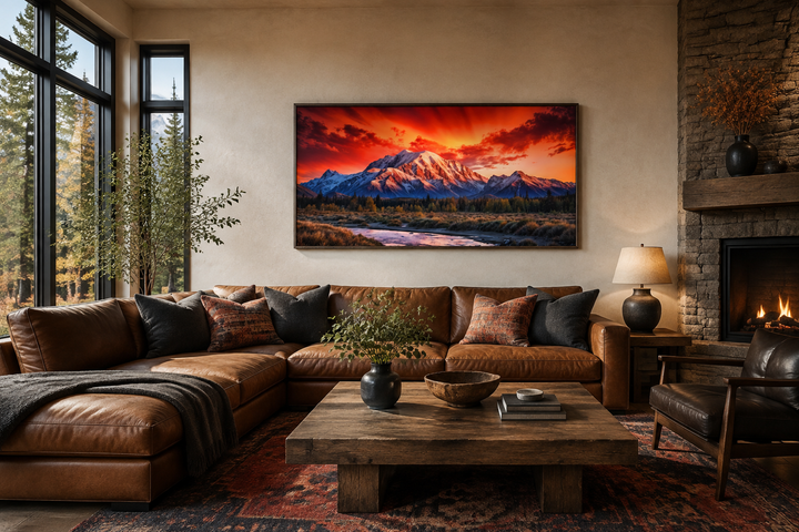 Framed Denali National Park wall art featuring a vibrant mountain sunset over a leather sofa.