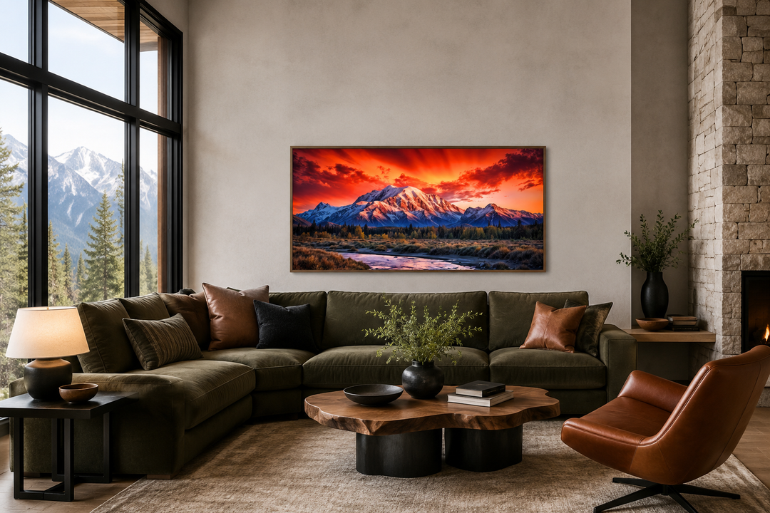 Framed canvas wall art of Denali National Park at sunset above a green sofa in a modern living room.