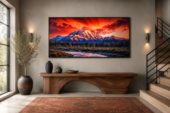 Framed canvas wall art of Denali National Park at sunset above a wooden console table.