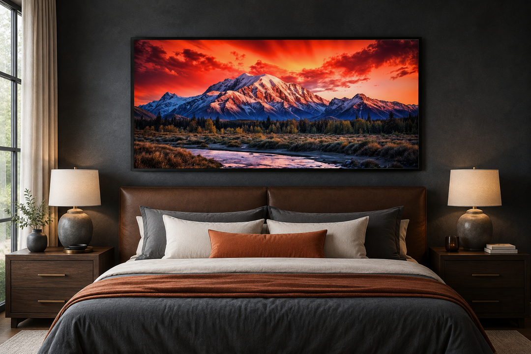 Framed Denali National Park wall art featuring a vibrant sunset over snow-capped Alaskan mountains.