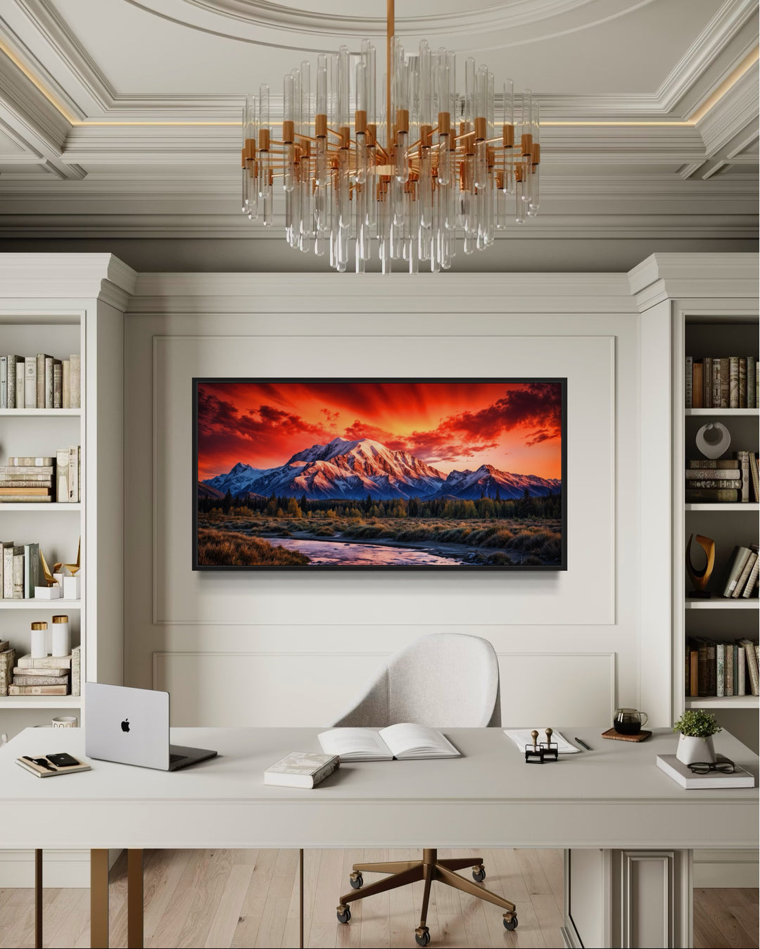 Framed Denali National Park sunset canvas wall art above a desk in a modern home office.