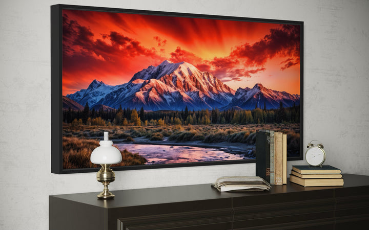 Framed canvas wall art of Denali National Park at sunset with snow-capped mountains and a red sky.
