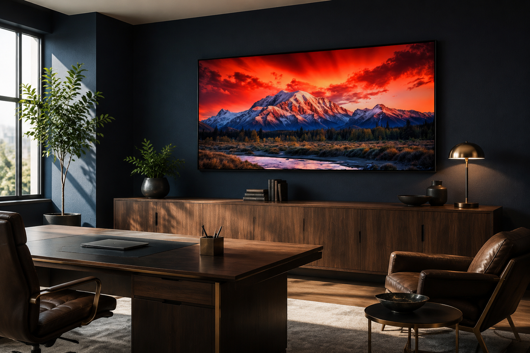 Framed Denali National Park wall art featuring a vibrant sunset over snow-capped Alaskan mountains.