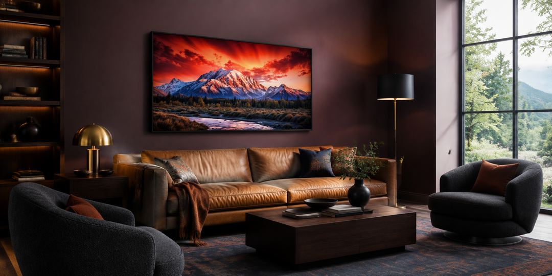 Framed Denali National Park sunset canvas art hanging above a leather sofa in a modern living room.