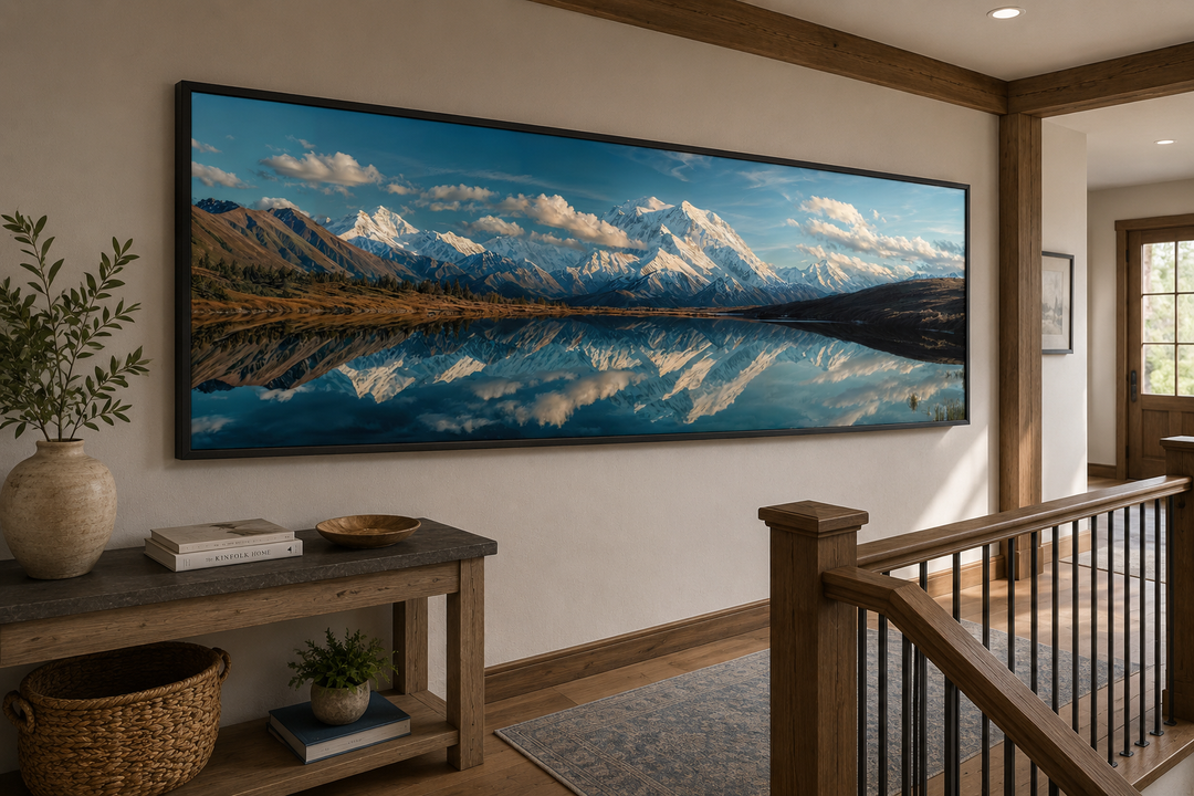 Panoramic wall art of Denali and Wonder Lake with mountain reflections in a modern hallway.