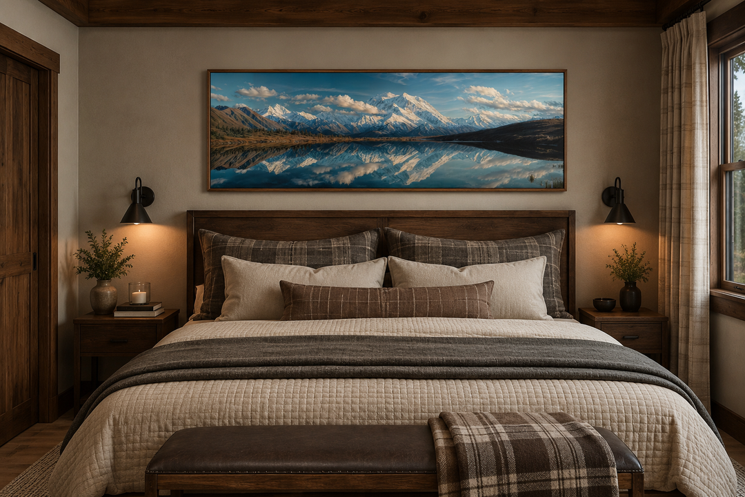 Denali National Park Wonder Lake panoramic wall art above a bed in a rustic bedroom.