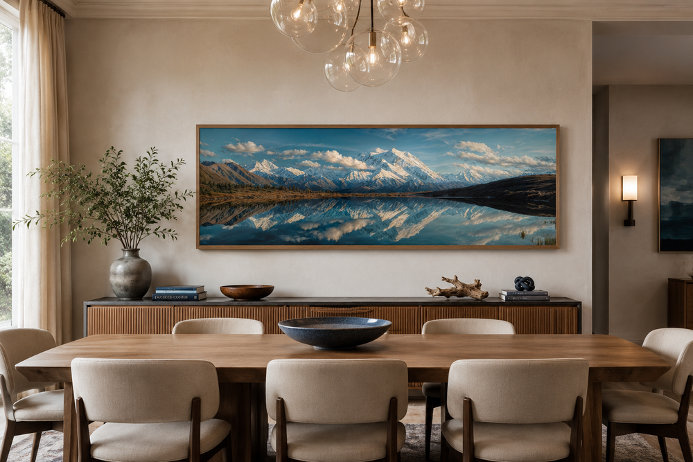 Panoramic wall art of Denali and Wonder Lake reflecting snowy peaks in a modern dining room.