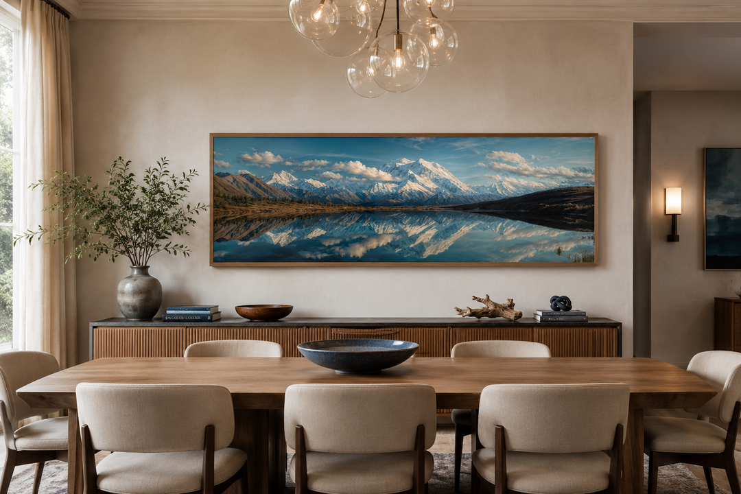 Panoramic wall art of Denali and Wonder Lake reflecting snowy peaks in a modern dining room.