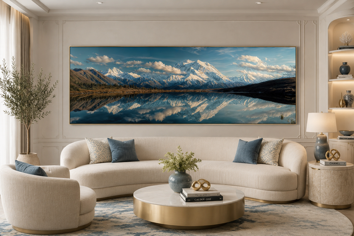 Panoramic wall art of Denali and Wonder Lake reflecting snowy peaks in a modern living room.