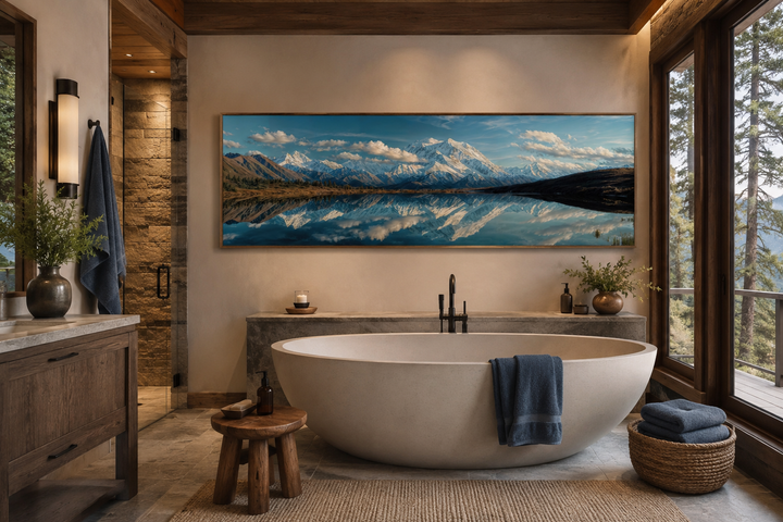 Panoramic wall art of Denali and Wonder Lake in a modern bathroom above a freestanding tub.