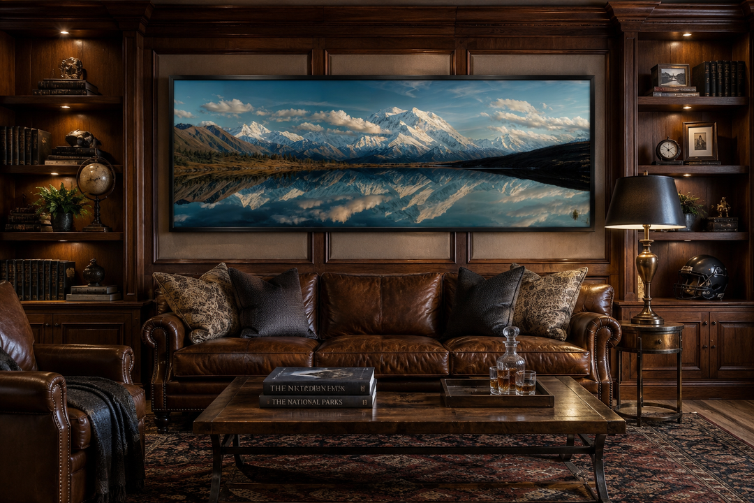 Panoramic wall art of Denali and Wonder Lake reflection above a leather sofa in a wood-paneled room.
