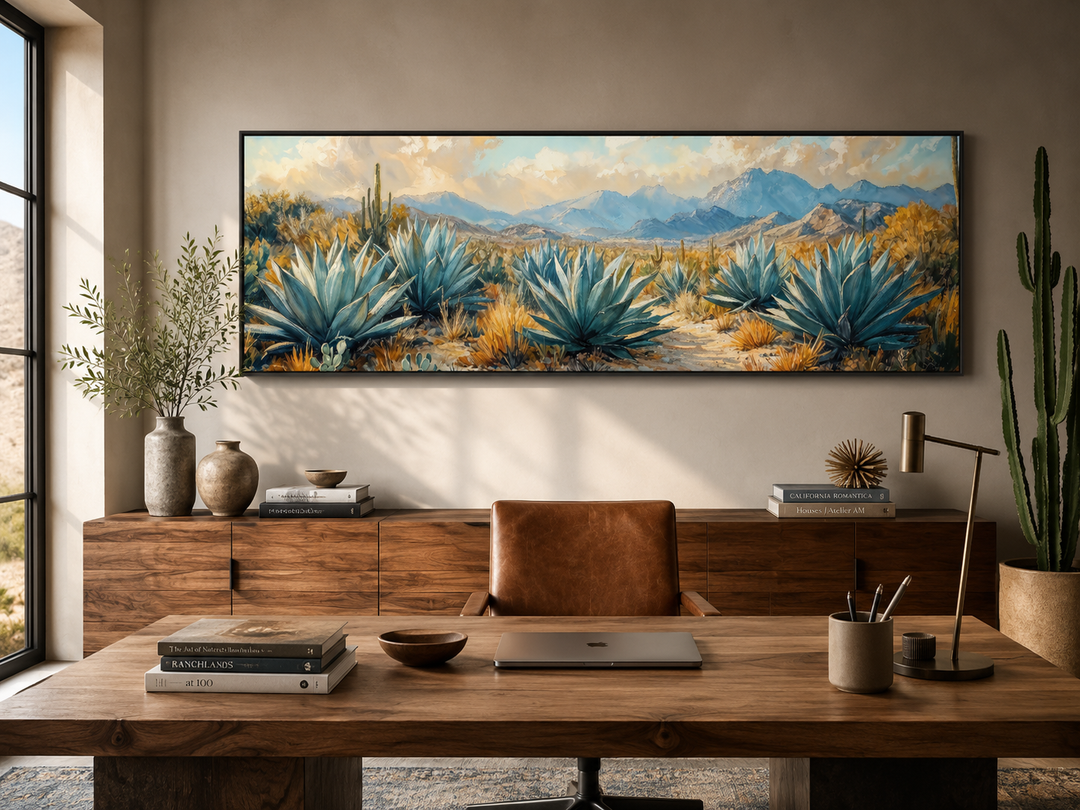 Panoramic desert agave wall art in a modern office with a wooden desk and southwestern decor.