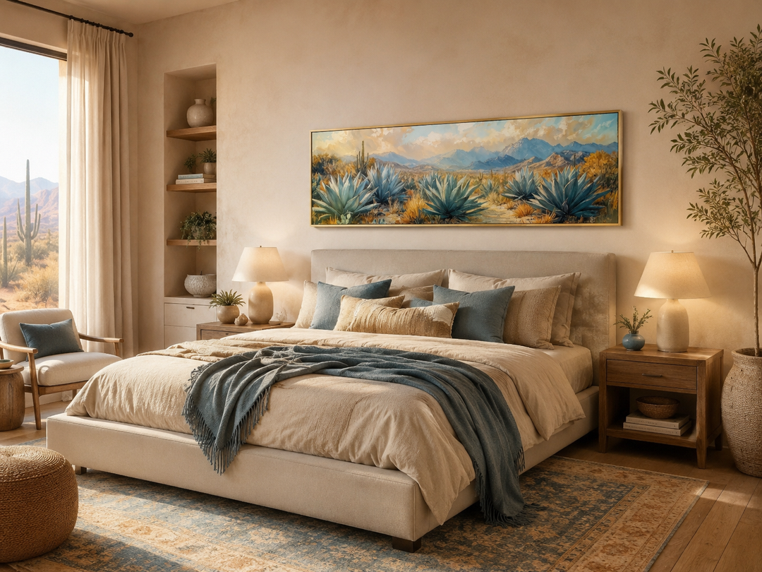Desert Agave Long Horizontal Southwestern Wall Decor above a bed in a neutral-toned bedroom.