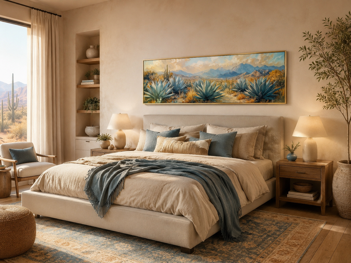 Desert Agave Long Horizontal Southwestern Wall Decor above a bed in a neutral-toned bedroom.