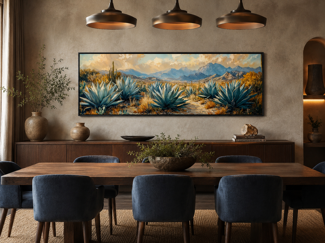Desert Agave Long Horizontal Southwestern Wall Decor in a rustic dining room with blue chairs.
