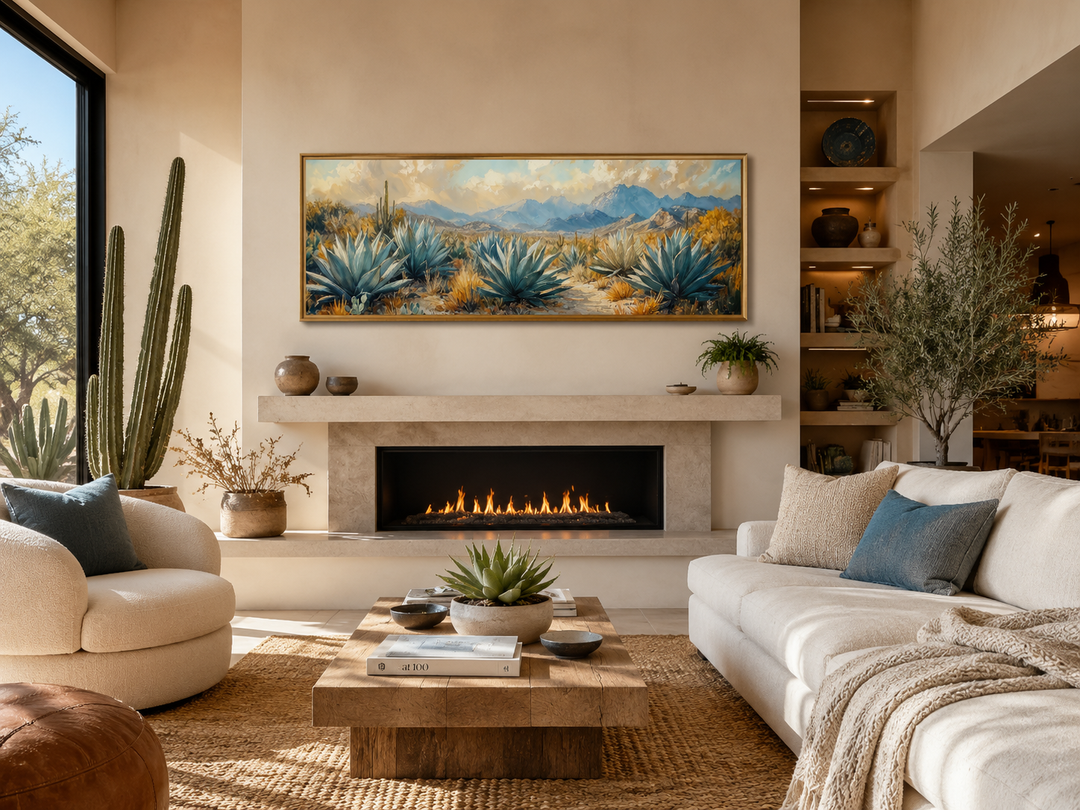 Desert Agave Long Horizontal Southwestern Wall Decor above a fireplace in a desert-style living room