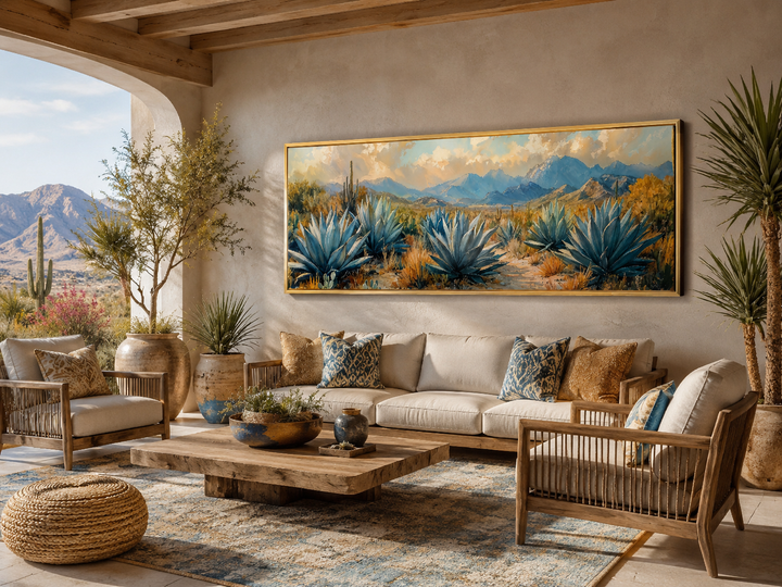 Panoramic desert agave painting in a gold frame above a sofa in a southwestern style living room.