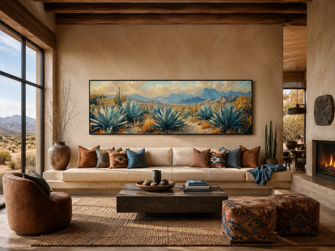 Panoramic desert agave wall art in a southwestern living room with earth tones and rustic decor.
